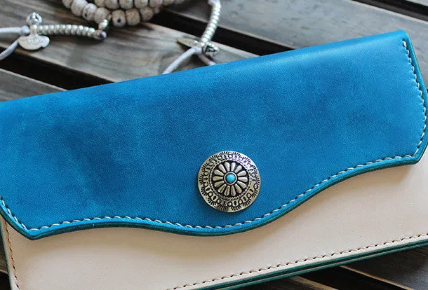 Handmade custom vintage purses leather wallets long phones wallets blue women