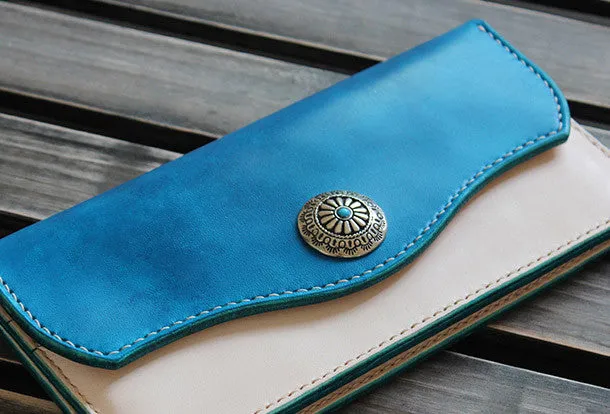 Handmade custom vintage purses leather wallets long phones wallets blue women