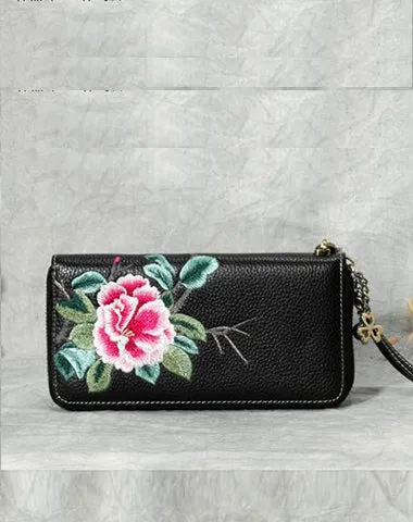 Handmade Embroidery Pink Leather Peony Wristlet Wallet Womens Zip Around Wallets Flowers Peony Ladies Zipper Clutch Wallet for Women