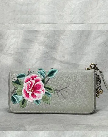 Handmade Embroidery Pink Leather Peony Wristlet Wallet Womens Zip Around Wallets Flowers Peony Ladies Zipper Clutch Wallet for Women