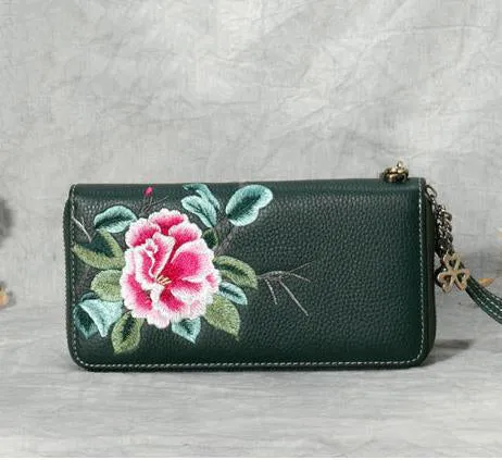 Handmade Embroidery Pink Leather Peony Wristlet Wallet Womens Zip Around Wallets Flowers Peony Ladies Zipper Clutch Wallet for Women