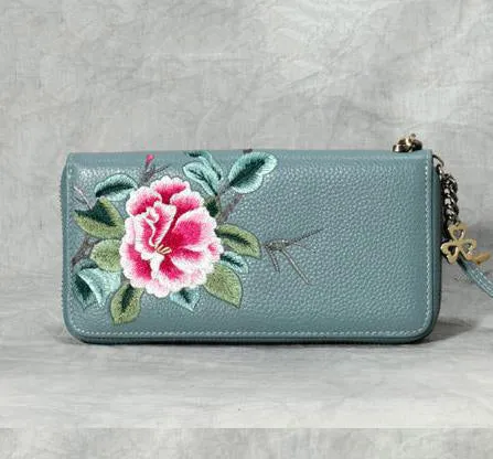 Handmade Embroidery Pink Leather Peony Wristlet Wallet Womens Zip Around Wallets Flowers Peony Ladies Zipper Clutch Wallet for Women