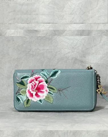 Handmade Embroidery Pink Leather Peony Wristlet Wallet Womens Zip Around Wallets Flowers Peony Ladies Zipper Clutch Wallet for Women
