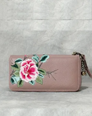 Handmade Embroidery Pink Leather Peony Wristlet Wallet Womens Zip Around Wallets Flowers Peony Ladies Zipper Clutch Wallet for Women