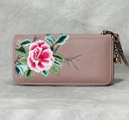 Handmade Embroidery Pink Leather Peony Wristlet Wallet Womens Zip Around Wallets Flowers Peony Ladies Zipper Clutch Wallet for Women