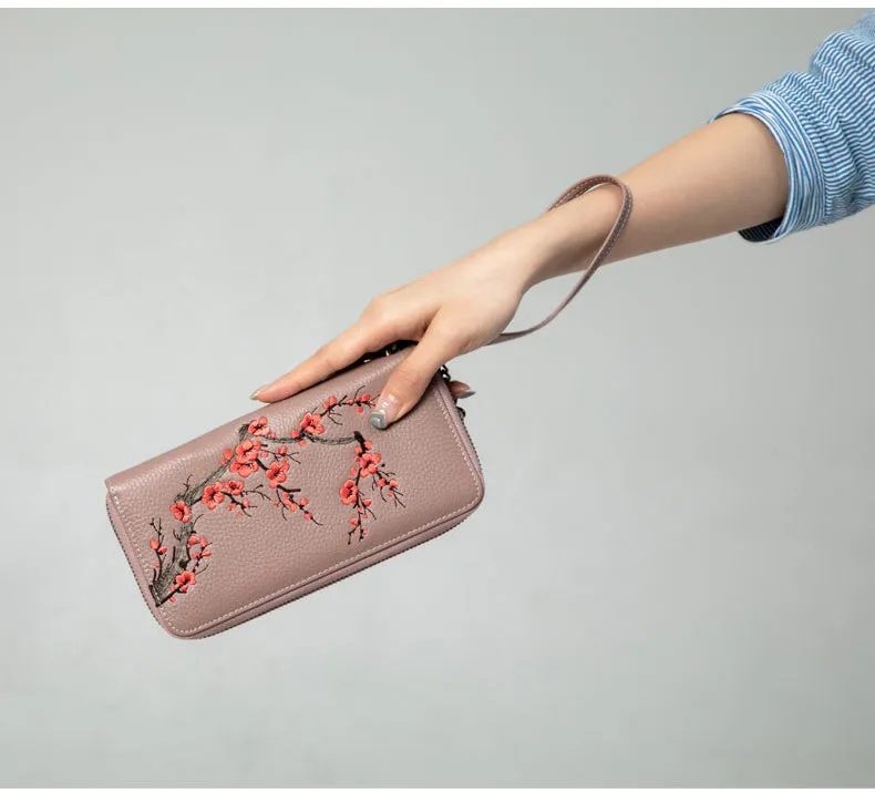 Handmade Embroidery Purple Leather Wristlet Wallet Womens Zip Around Wallets Flowers Plum Blossom Ladies Zipper Clutch Wallet for Women