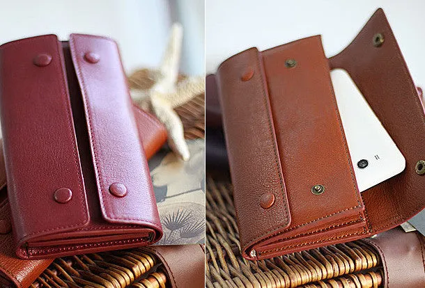Handmade fashion red purple orange leather long iphone bifold wallet for women/lady girl
