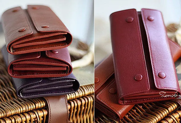Handmade fashion red purple orange leather long iphone bifold wallet for women/lady girl