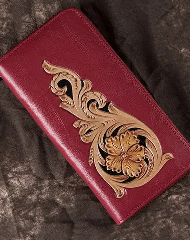 Handmade Floral Black Leather Wristlet Wallet Womens Zip Around Wallets Flowers Ladies Zipper Clutch Wallet for Women