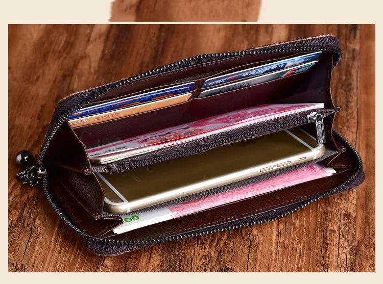 Handmade Floral Brown Leather Wristlet Wallet Crocodile Pattern Womens Zip Around Wallets Flowers Ladies Zipper Clutch Wallet for Women
