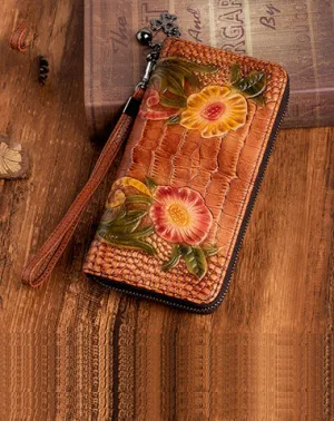 Handmade Floral Brown Leather Wristlet Wallet Crocodile Pattern Womens Zip Around Wallets Flowers Ladies Zipper Clutch Wallet for Women