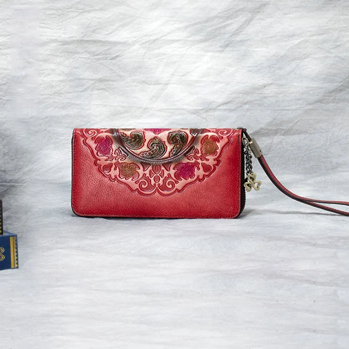 Handmade Floral Leather Wristlet Wallet Womens Zip Around Wallets Floral Cards Ladies Zipper Clutch Wallet for Women