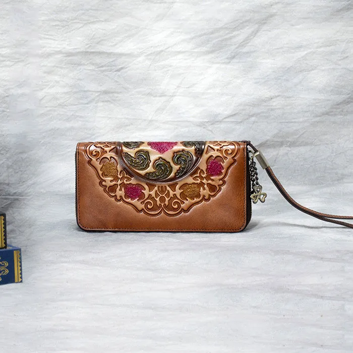Handmade Floral Leather Wristlet Wallet Womens Zip Around Wallets Floral Cards Ladies Zipper Clutch Wallet for Women