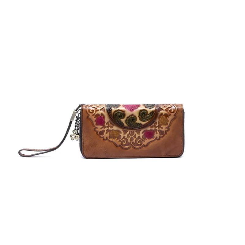 Handmade Floral Leather Wristlet Wallet Womens Zip Around Wallets Floral Cards Ladies Zipper Clutch Wallet for Women