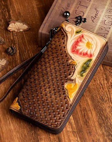 Handmade Flowers Leather Wristlet Wallet Womens Floral Zip Around Wallets Flowers Ladies Zipper Clutch Wallet for Women