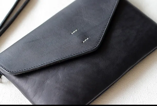 Handmade Genuine leather bifold envelope clutch purse Wristlet wallet purse clutch women
