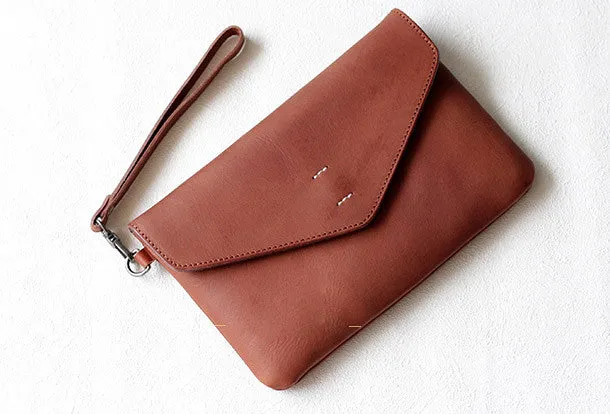 Handmade Genuine leather bifold envelope clutch purse Wristlet wallet purse clutch women