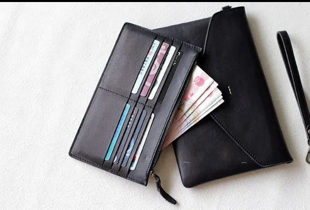 Handmade Genuine leather bifold envelope clutch purse Wristlet wallet purse clutch women
