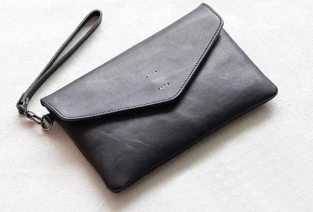Handmade Genuine leather bifold envelope clutch purse Wristlet wallet purse clutch women