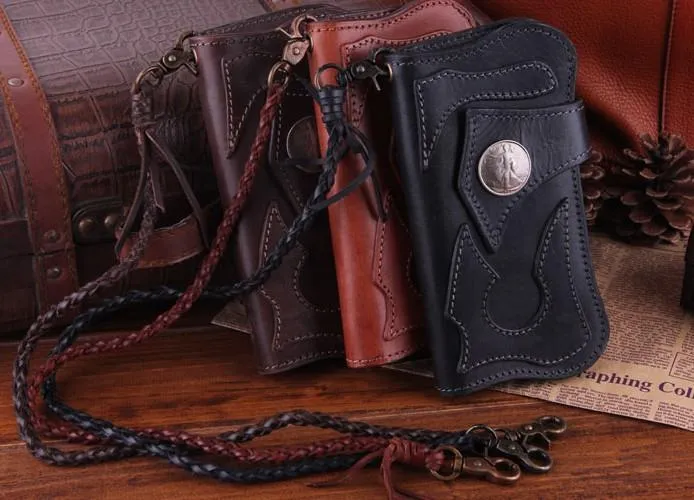 Handmade Genuine Leather Mens Cool Biker Chain Wallet Long Leather Wallet Clutch Wristlet Wallet for Men