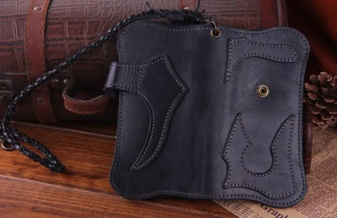 Handmade Genuine Leather Mens Cool Biker Chain Wallet Long Leather Wallet Clutch Wristlet Wallet for Men