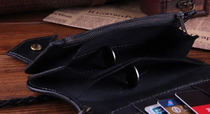 Handmade Genuine Leather Mens Cool Biker Chain Wallet Long Leather Wallet Clutch Wristlet Wallet for Men