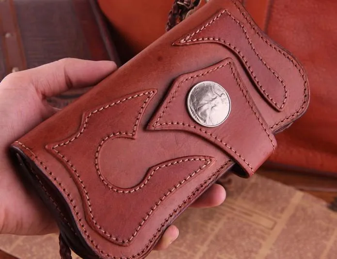Handmade Genuine Leather Mens Cool Biker Chain Wallet Long Leather Wallet Clutch Wristlet Wallet for Men
