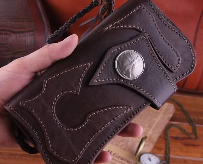 Handmade Genuine Leather Mens Cool Biker Chain Wallet Long Leather Wallet Clutch Wristlet Wallet for Men