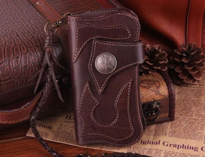 Handmade Genuine Leather Mens Cool Biker Chain Wallet Long Leather Wallet Clutch Wristlet Wallet for Men