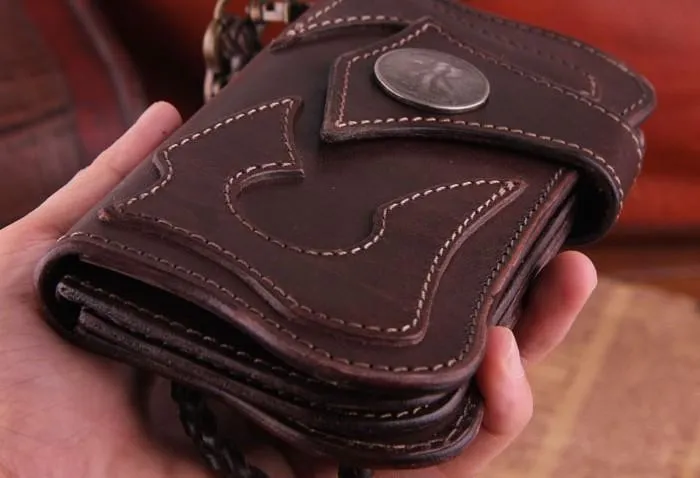 Handmade Genuine Leather Mens Cool Biker Chain Wallet Long Leather Wallet Clutch Wristlet Wallet for Men