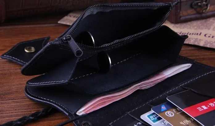 Handmade Genuine Leather Mens Cool Biker Chain Wallet Long Leather Wallet Clutch Wristlet Wallet for Men