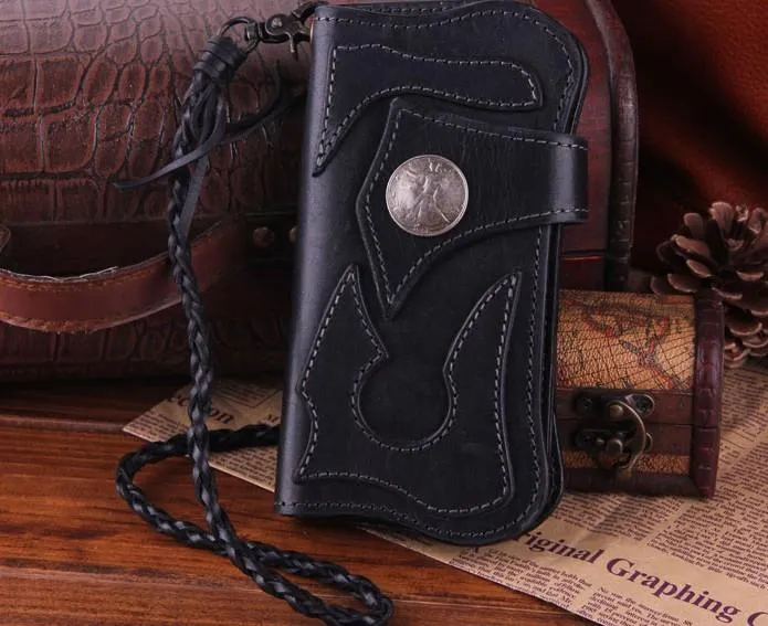 Handmade Genuine Leather Mens Cool Biker Chain Wallet Long Leather Wallet Clutch Wristlet Wallet for Men