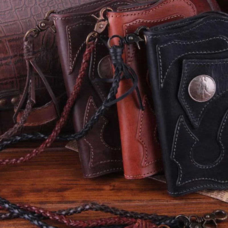 Handmade Genuine Leather Mens Cool Biker Chain Wallet Long Leather Wallet Clutch Wristlet Wallet for Men