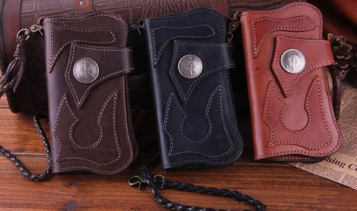 Handmade Genuine Leather Mens Cool Biker Chain Wallet Long Leather Wallet Clutch Wristlet Wallet for Men