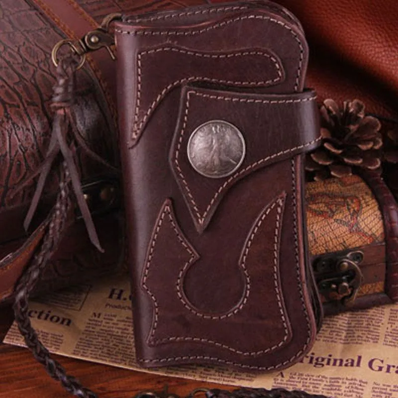 Handmade Genuine Leather Mens Cool Biker Chain Wallet Long Leather Wallet Clutch Wristlet Wallet for Men