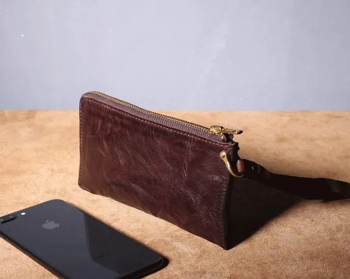 Handmade Genuine Leather Mens Cool Biker Chain Wallet Long Leather Wallet Slim Clutch Wristlet Wallet for Men
