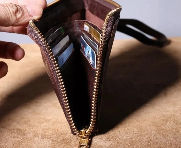 Handmade Genuine Leather Mens Cool Biker Chain Wallet Long Leather Wallet Slim Clutch Wristlet Wallet for Men