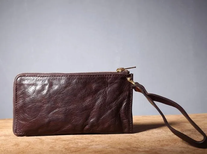 Handmade Genuine Leather Mens Cool Biker Chain Wallet Long Leather Wallet Slim Clutch Wristlet Wallet for Men