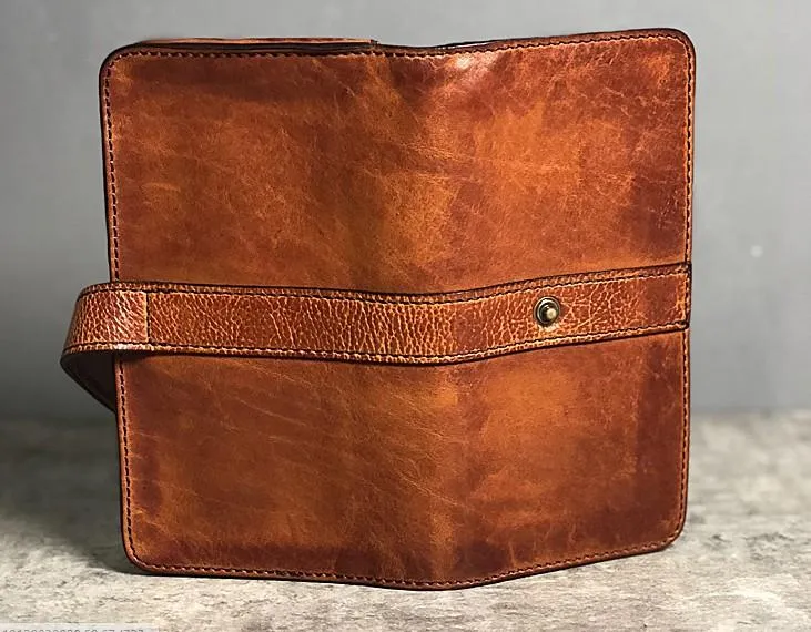 Handmade Genuine Leather Mens Cool Long Leather Wallet Biker Wallet Zipper Clutch Wristlet Wallet for Men