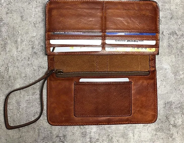 Handmade Genuine Leather Mens Cool Long Leather Wallet Biker Wallet Zipper Clutch Wristlet Wallet for Men