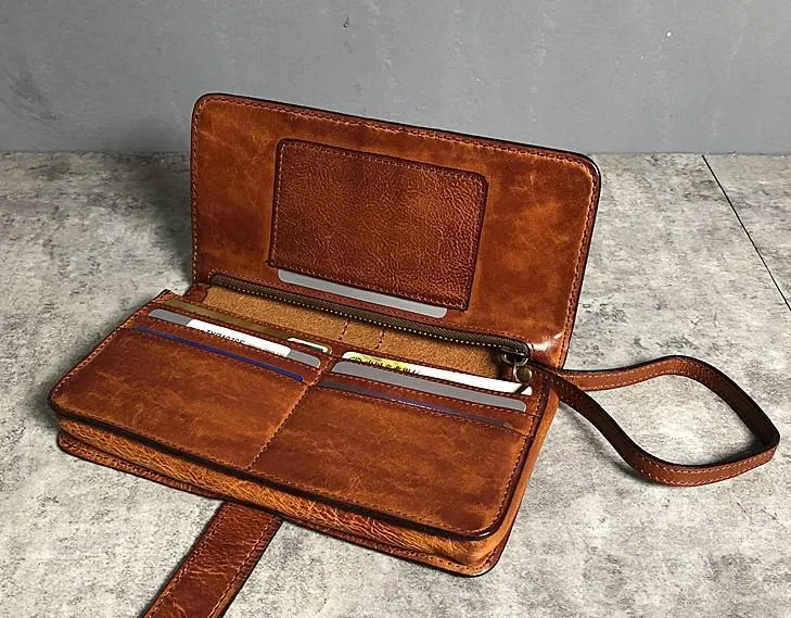 Handmade Genuine Leather Mens Cool Long Leather Wallet Biker Wallet Zipper Clutch Wristlet Wallet for Men