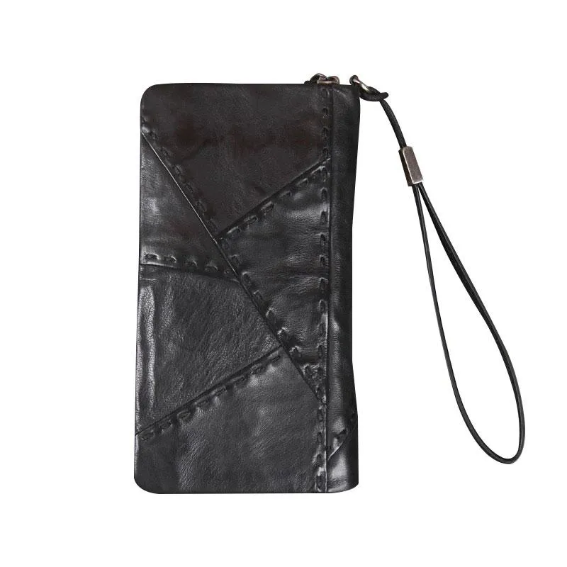 Handmade Genuine Leather Mens Cool Long Leather Wallet Biker Wallet Zipper Clutch Wristlet Wallet for Men