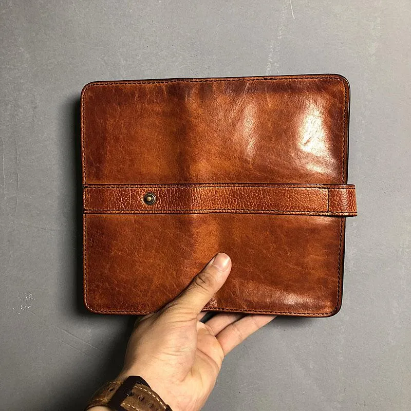 Handmade Genuine Leather Mens Cool Long Leather Wallet Biker Wallet Zipper Clutch Wristlet Wallet for Men