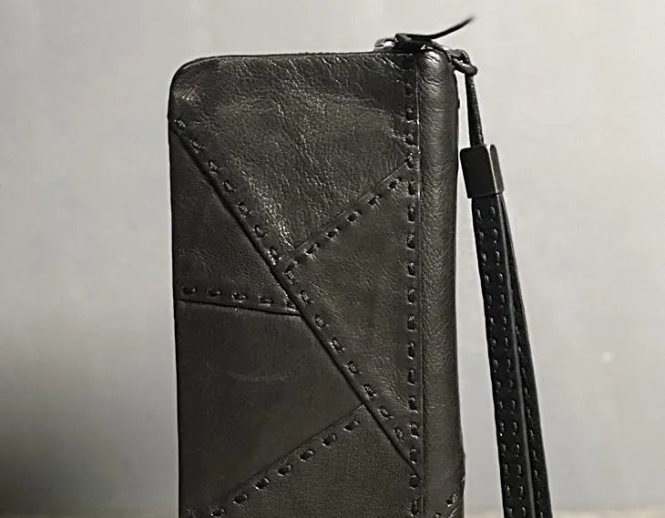 Handmade Genuine Leather Mens Cool Long Leather Wallet Biker Wallet Zipper Clutch Wristlet Wallet for Men