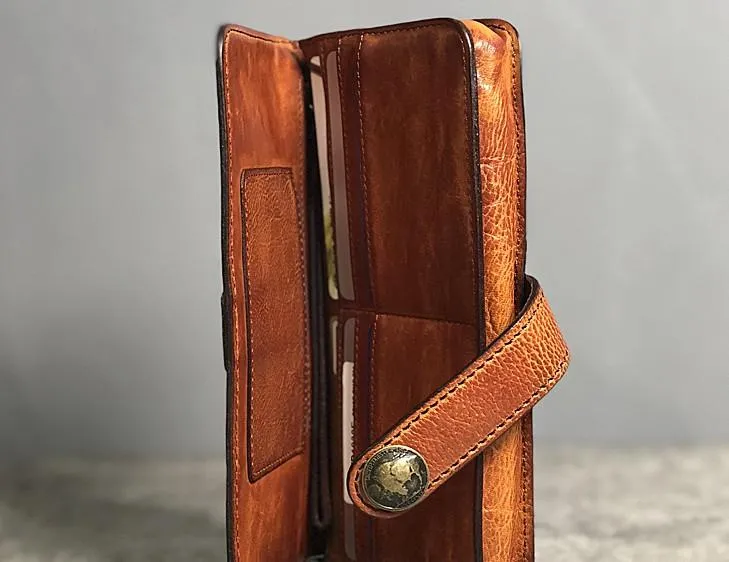 Handmade Genuine Leather Mens Cool Long Leather Wallet Biker Wallet Zipper Clutch Wristlet Wallet for Men