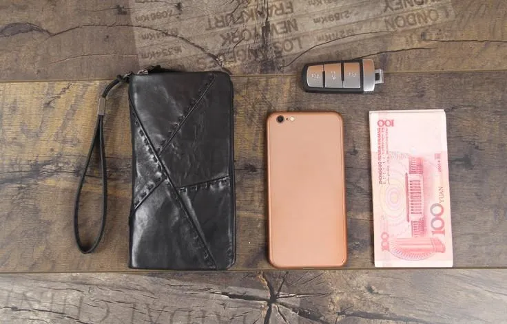 Handmade Genuine Leather Mens Cool Long Leather Wallet Biker Wallet Zipper Clutch Wristlet Wallet for Men