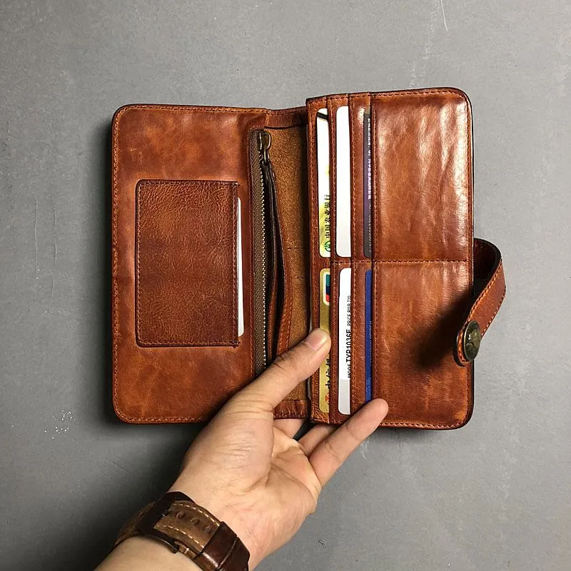 Handmade Genuine Leather Mens Cool Long Leather Wallet Biker Wallet Zipper Clutch Wristlet Wallet for Men