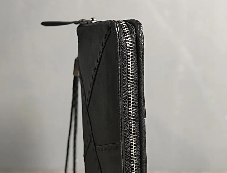 Handmade Genuine Leather Mens Cool Long Leather Wallet Biker Wallet Zipper Clutch Wristlet Wallet for Men
