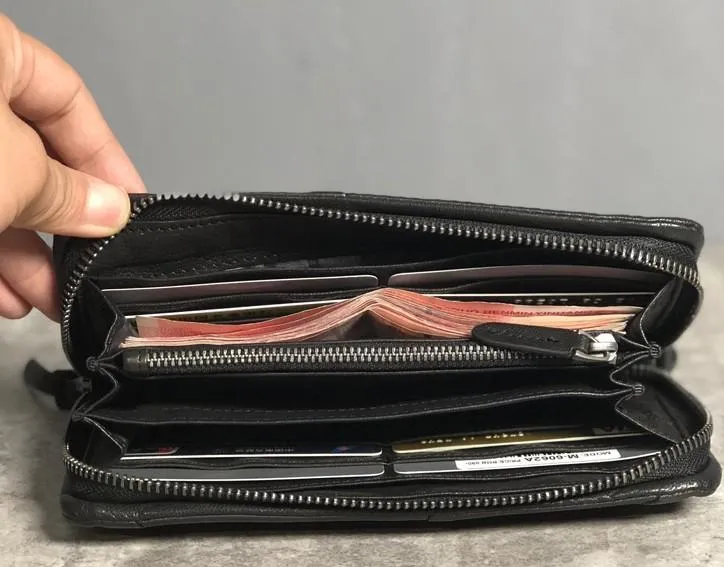 Handmade Genuine Leather Mens Cool Long Leather Wallet Biker Wallet Zipper Clutch Wristlet Wallet for Men