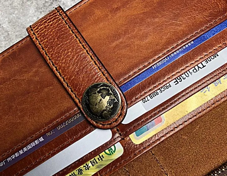 Handmade Genuine Leather Mens Cool Long Leather Wallet Biker Wallet Zipper Clutch Wristlet Wallet for Men